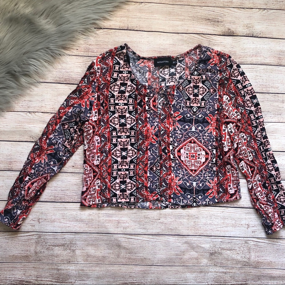 MinkPink Aztec Tribal Crop Top Long Sleeve Shirt